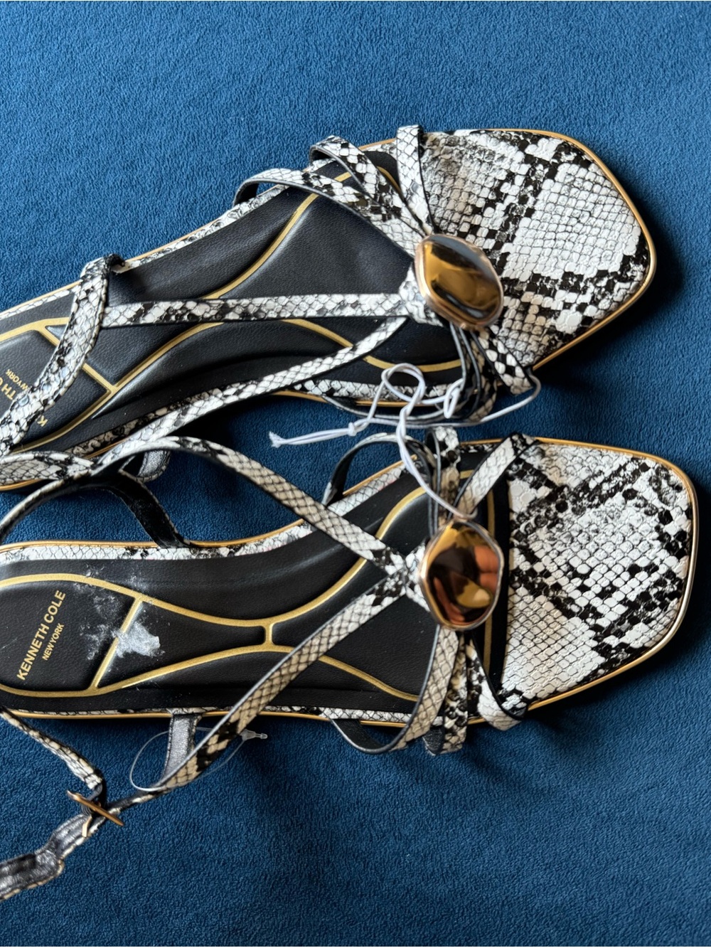 Kenneth Cole Black & White Snake-Print Strappy Sandals with Gold Accent